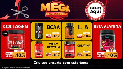 Modelo de TV para TV Horizontal com o tema Mega Reinauguração para Suplementos alimentares