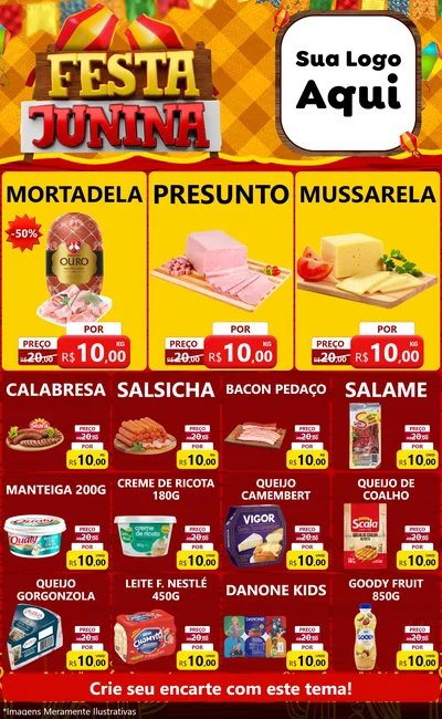 Modelo de Encarte para Encarte Grande com o tema Festa Junina para Frios e Laticínios