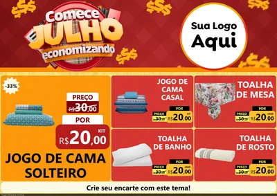 Modelo de Encarte para Encarte A4 Horizontal com o tema Comece Julho Economizando para Cama, Mesa e Banho