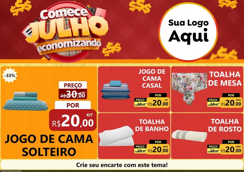 Modelo de Encarte para Encarte A4 Horizontal com o tema Comece Julho Economizando para Cama, Mesa e Banho
