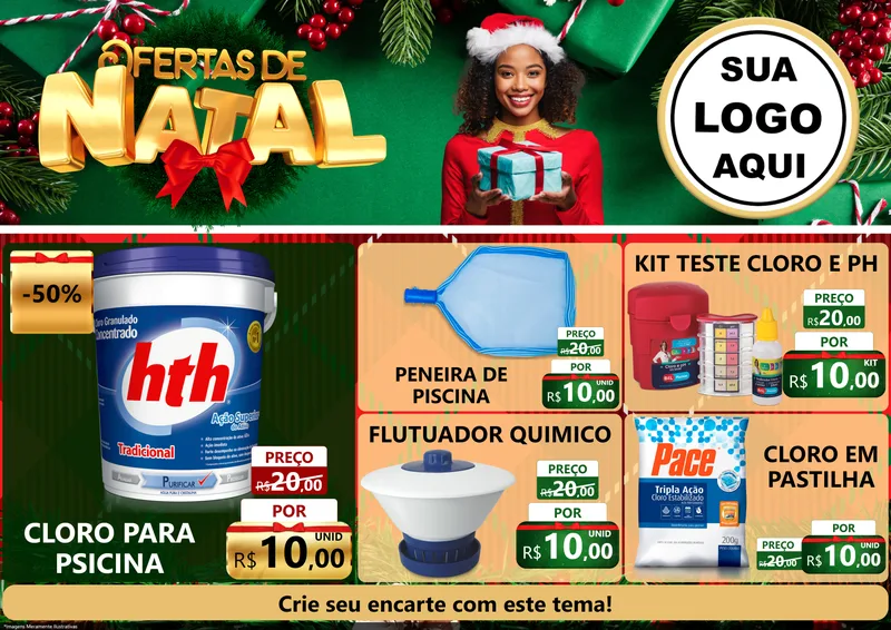 Modelo de Encarte para Encarte A4 Horizontal com o tema Ofertas de Natal para Produtos para Piscina