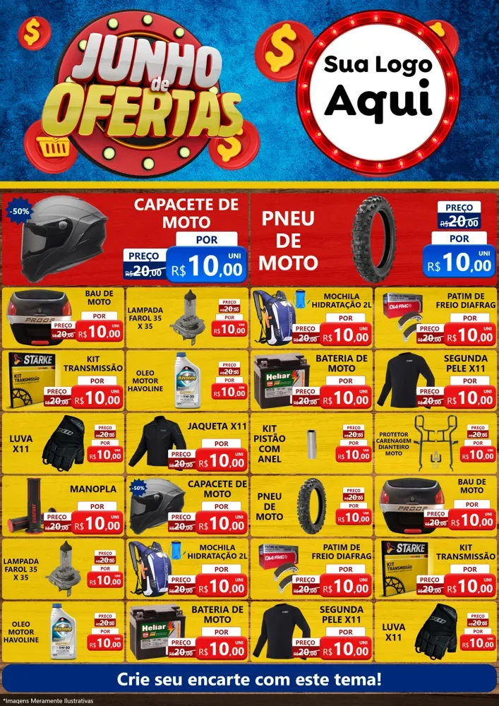 Modelo de Encarte para Encarte A4 Vertical com o tema Junho de Ofertas para Moto peças