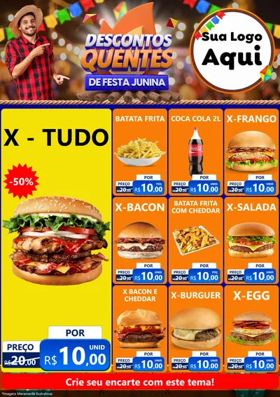 Modelo de Encarte para Encarte A4 Vertical com o tema Descontos Quentes de Festa Junina para Hamburgueria