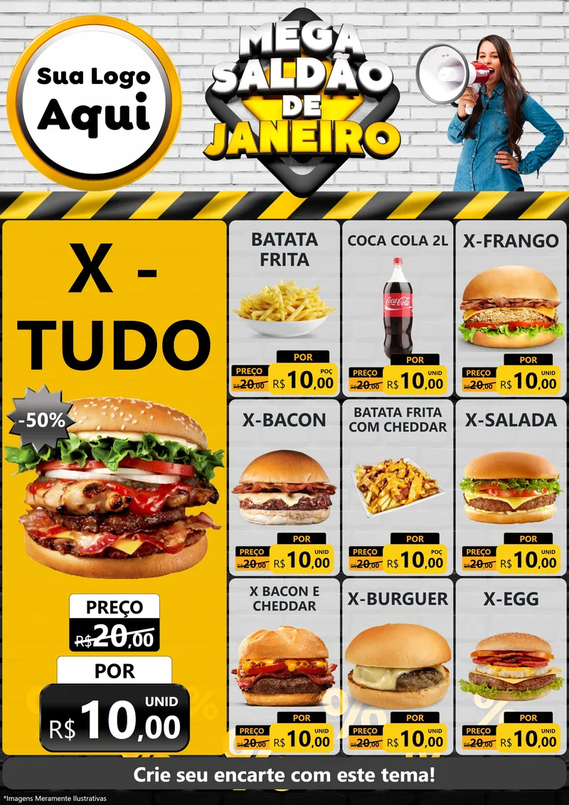 Modelo de Encarte para Encarte A4 Vertical com o tema Mega Saldão de Janeiro para Hamburgueria