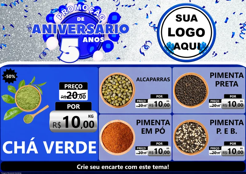 Modelo de Encarte para Encarte A4 Horizontal com o tema Promoção de Aniversário - 5 Anos para Produtos Naturais