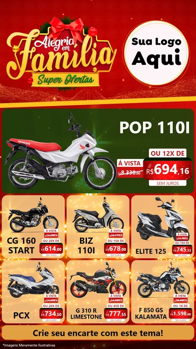 Modelo de Rede Social para Stories com o tema Alegria em Família Super Ofertas - Natal para Concessionaria de Motos