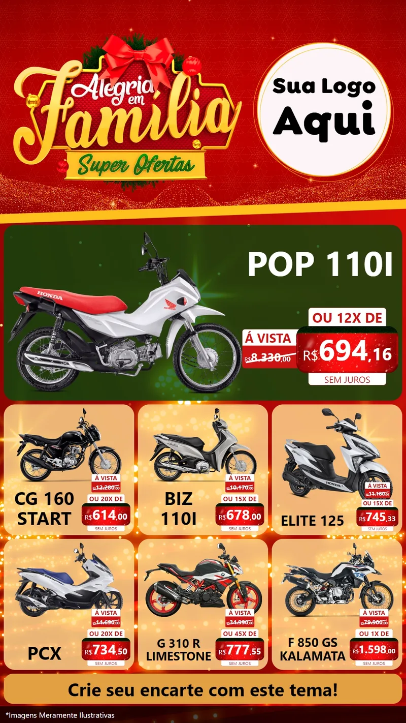 Modelo de Rede Social para Stories com o tema Alegria em Família Super Ofertas - Natal para Concessionaria de Motos