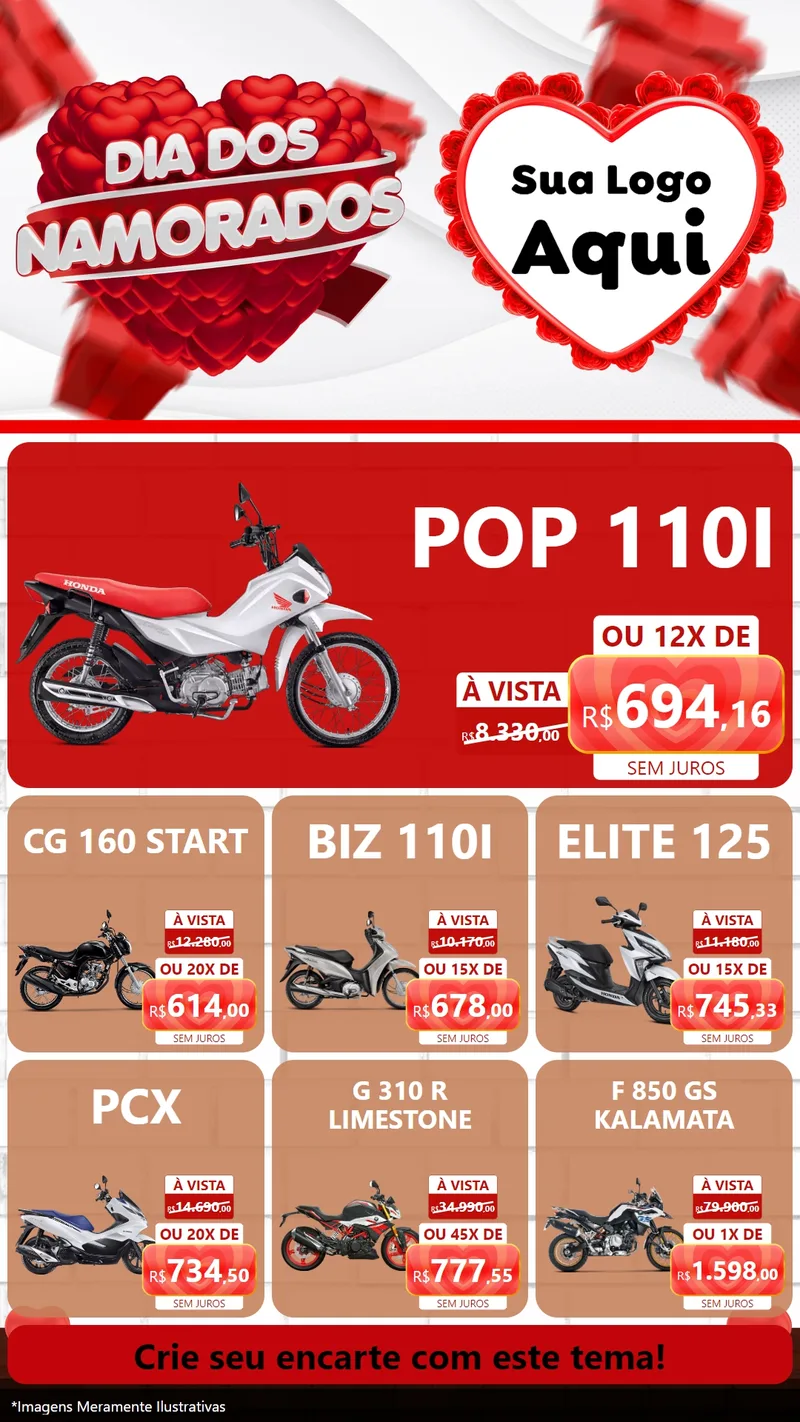 Modelo de Rede Social para Stories com o tema Dia dos Namorados para Concessionaria de Motos