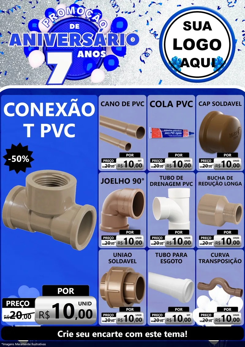 Modelo de Encarte para Encarte A4 Vertical com o tema Promoção de Aniversário - 7 Anos para Tubos e conexões