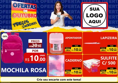 Modelo de Encarte para Encarte A4 Horizontal com o tema Ofertas de Outubro - Preços Incríveis para Papelaria