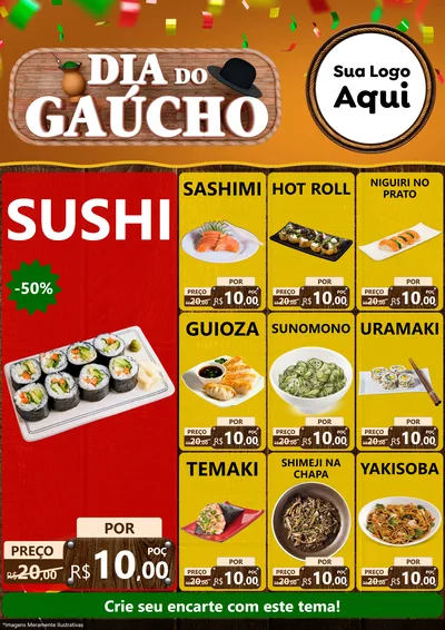 Modelo de Encarte para Encarte A4 Vertical com o tema Dia do Gaúcho para Comida japonesa