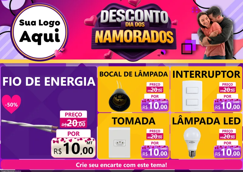 Modelo de Encarte para Encarte A4 Horizontal com o tema Desconto Dia dos Namorados para Materiais Elétricos