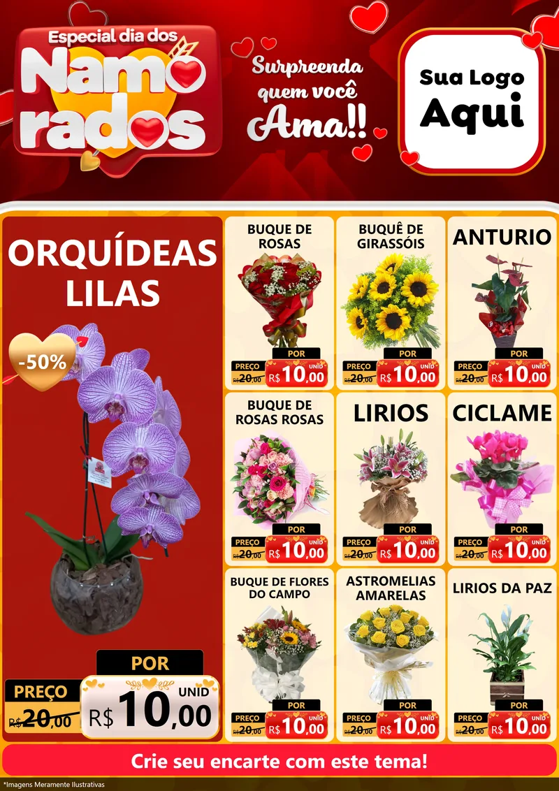 Modelo de Encarte para Encarte A4 Vertical com o tema Especial Dia dos Namorados para Floricultura e jardim