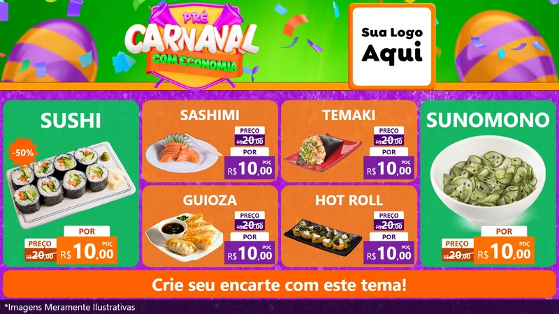 Modelo de TV para TV Horizontal com o tema Pré-Carnaval Com Economia para Comida japonesa