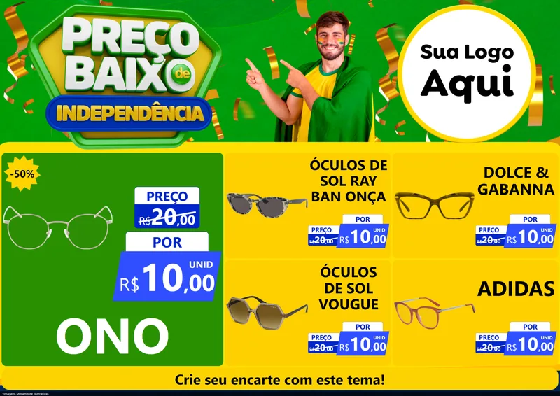 Modelo de Encarte para Encarte A4 Horizontal com o tema Preço Baixo de Independência para Óticas
