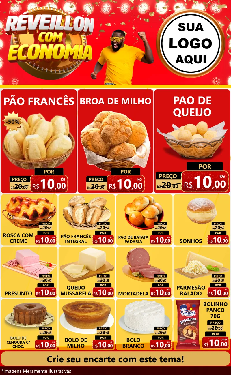 Modelo de Encarte para Encarte Grande com o tema Réveillon com Economia para Padaria