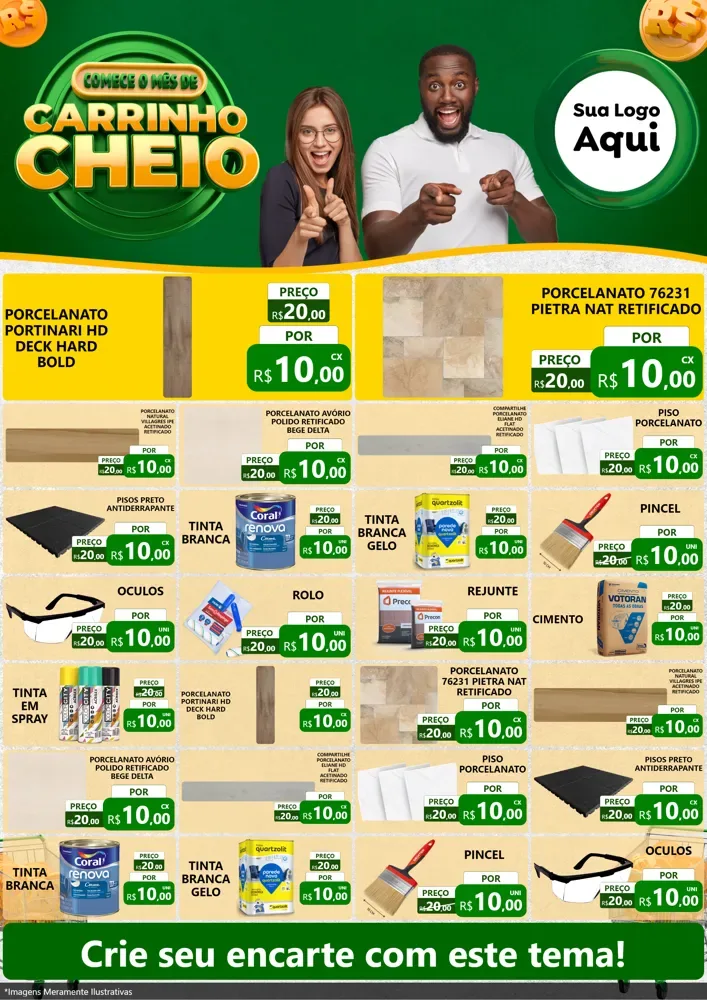 Modelo de Encarte para Encarte A4 Vertical com o tema Carrinho Cheio para Pisos e revestimentos