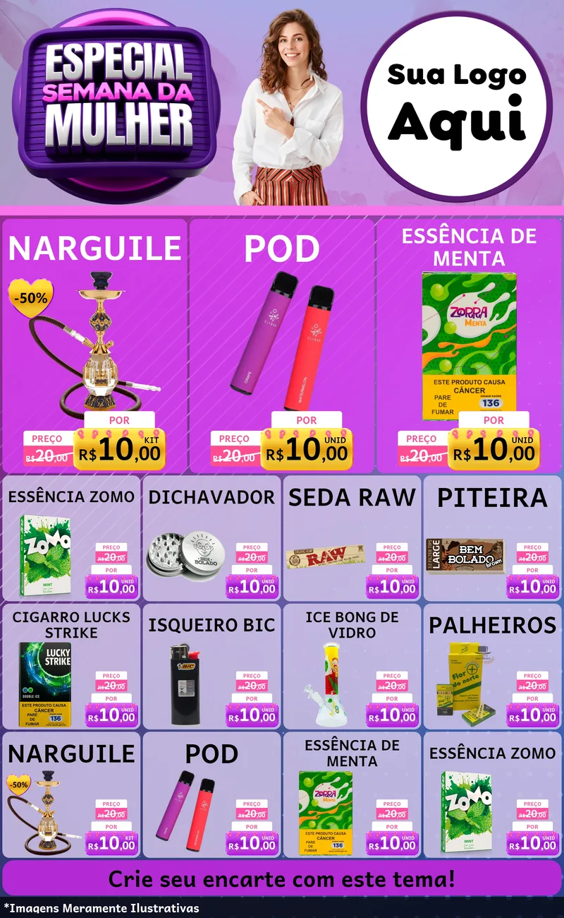 Modelo de Encarte para Encarte Grande com o tema Especial Semana da Mulher para Tabacaria