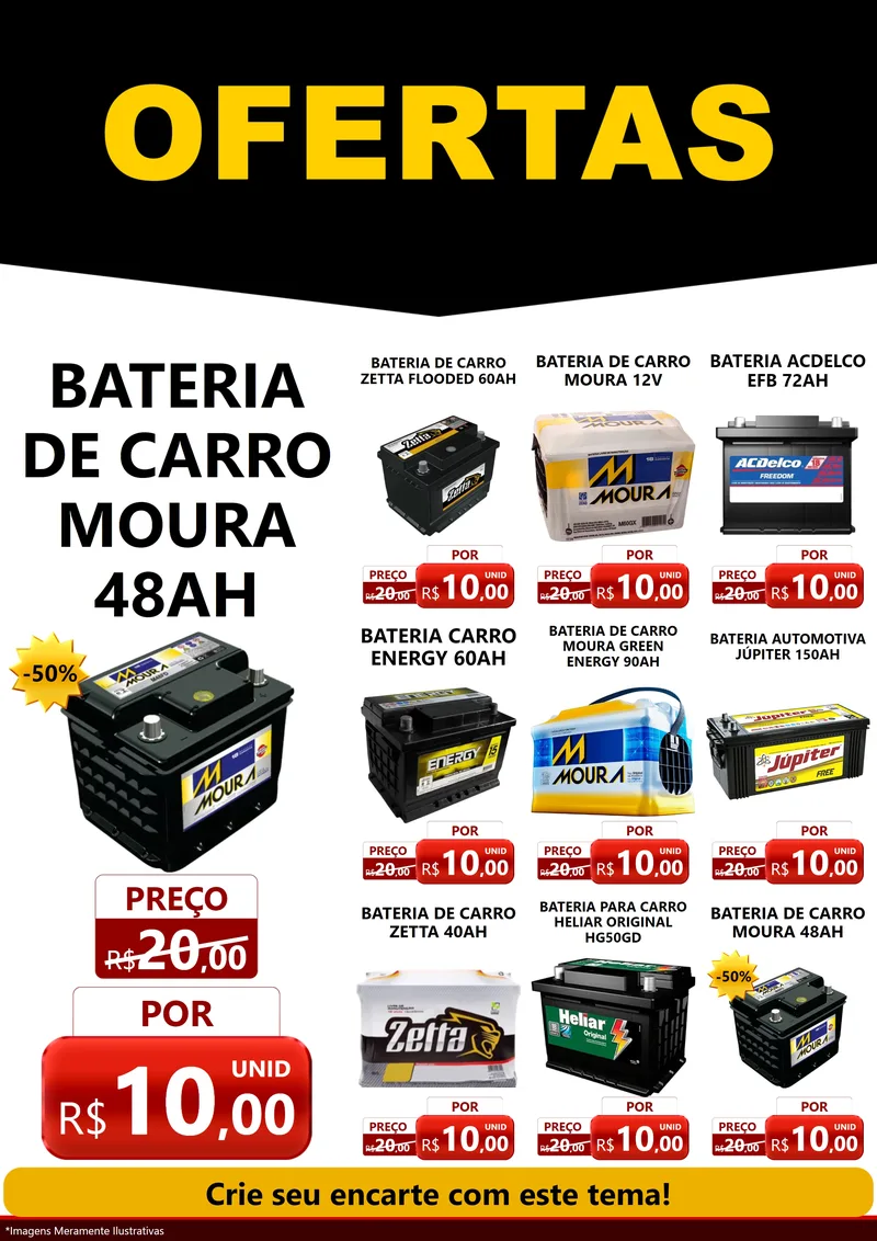 Modelo de Encarte para Encarte A4 Vertical com o tema Ofertas Preto e Vermelho Cartaz para Baterias Elétricas