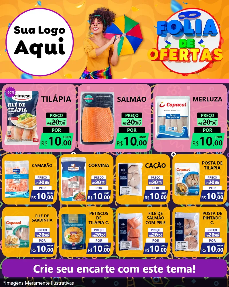 Modelo de Rede Social para Feed Instagram com o tema Folia de Ofertas para Peixaria
