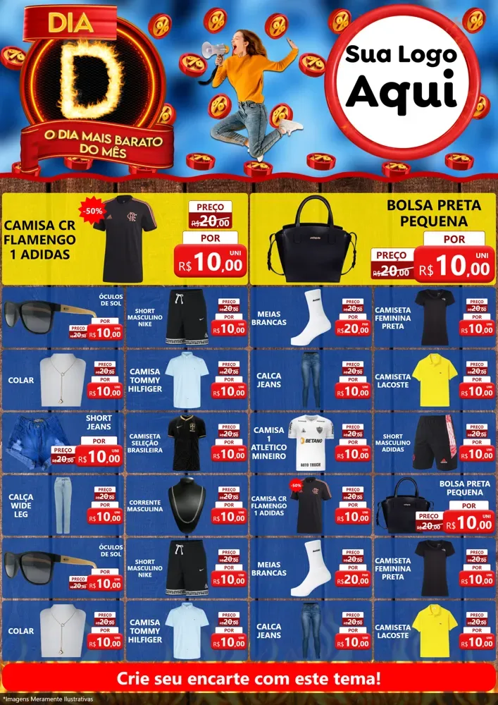 Modelo de Encarte para Encarte A4 Vertical com o tema Dia D - O Dia Mais Barato Do Mês para Roupas e acessórios