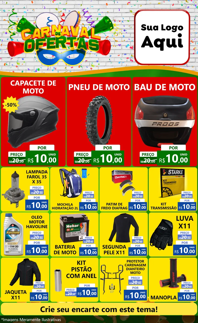 Modelo de Encarte para Encarte Grande com o tema Carnaval de Ofertas para Moto peças