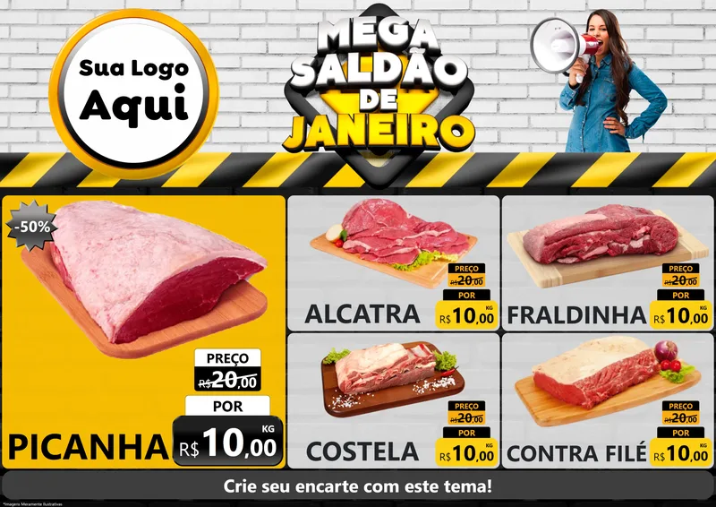 Modelo de Encarte para Encarte A4 Horizontal com o tema Mega Saldão de Janeiro para Açougue