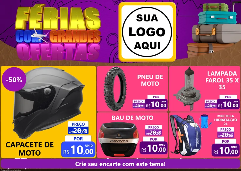 Modelo de Encarte para Encarte A4 Horizontal com o tema Férias com Grandes Ofertas para Moto peças
