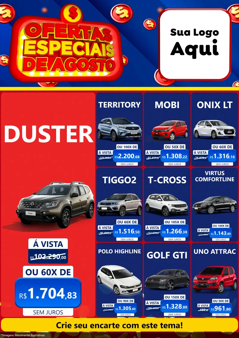 Modelo de Encarte para Encarte A4 Vertical com o tema Ofertas Especiais de Agosto para Concessionaria de Carros