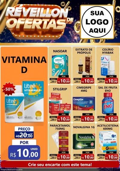 Modelo de Encarte para Encarte A4 Vertical com o tema Réveillon de Ofertas para Farmácia