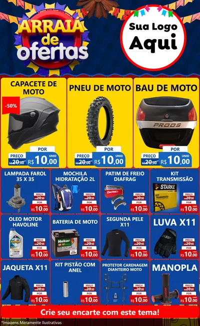 Modelo de Encarte para Encarte Grande com o tema Arraiá de Ofertas para Moto peças