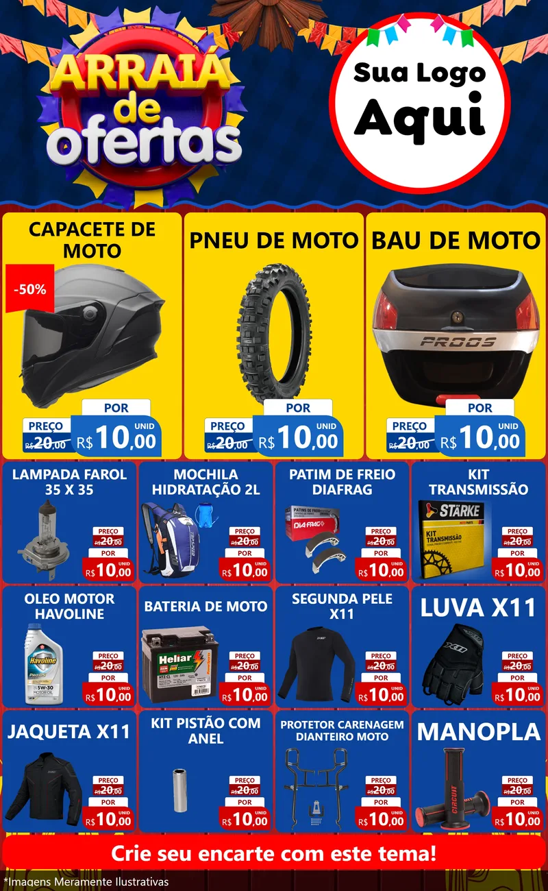 Modelo de Encarte para Encarte Grande com o tema Arraiá de Ofertas para Moto peças