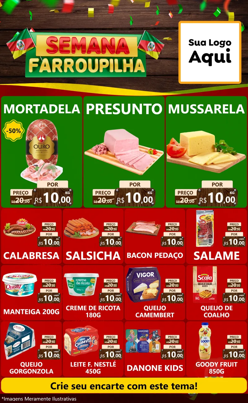 Modelo de Encarte para Encarte Grande com o tema Semana Farroupilha para Frios e Laticínios
