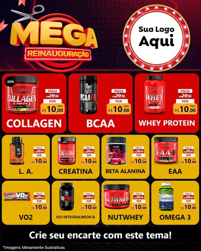 Modelo de Rede Social para Feed Instagram com o tema Mega Reinauguração para Suplementos alimentares