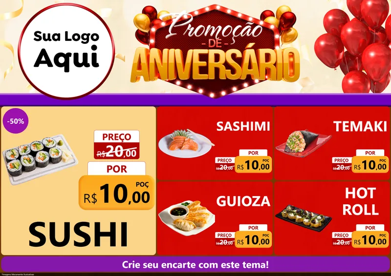 Modelo de Encarte para Encarte A4 Horizontal com o tema Promoção de Aniversário para Comida japonesa