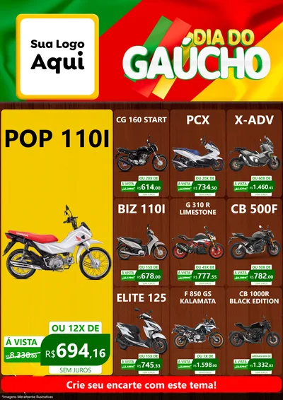 Modelo de Encarte para Encarte A4 Vertical com o tema Dia do Gaúcho para Concessionaria de Motos