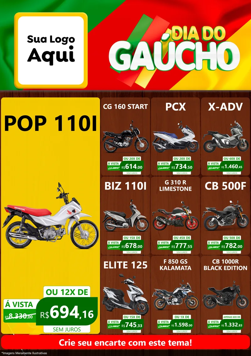 Modelo de Encarte para Encarte A4 Vertical com o tema Dia do Gaúcho para Concessionaria de Motos