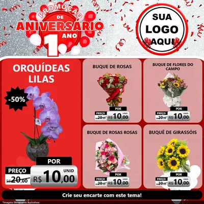 Modelo de Rede Social para Feed Facebook com o tema Promoção de Aniversário - 1 Ano para Floricultura e jardim