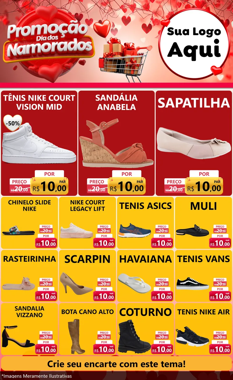 Modelo de Encarte para Encarte Grande com o tema Promoção Dia dos Namorados para Calçados
