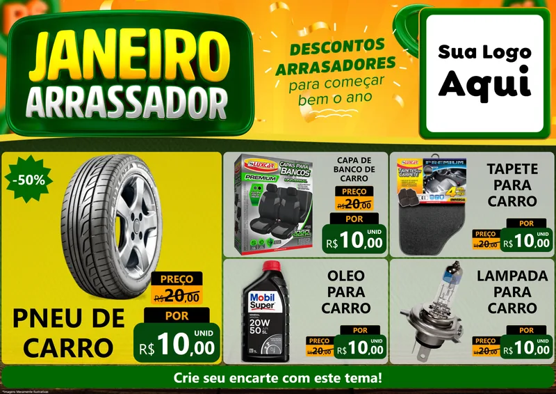 Modelo de Encarte para Encarte A4 Horizontal com o tema Janeiro Arrasador para Auto peças