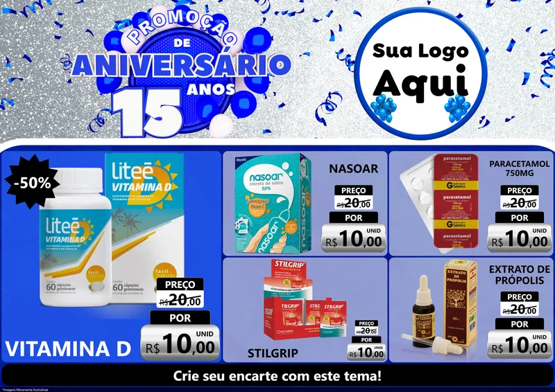 Modelo de Encarte para Encarte A4 Horizontal com o tema Promoção de Aniversário - 15 Anos para Farmácia
