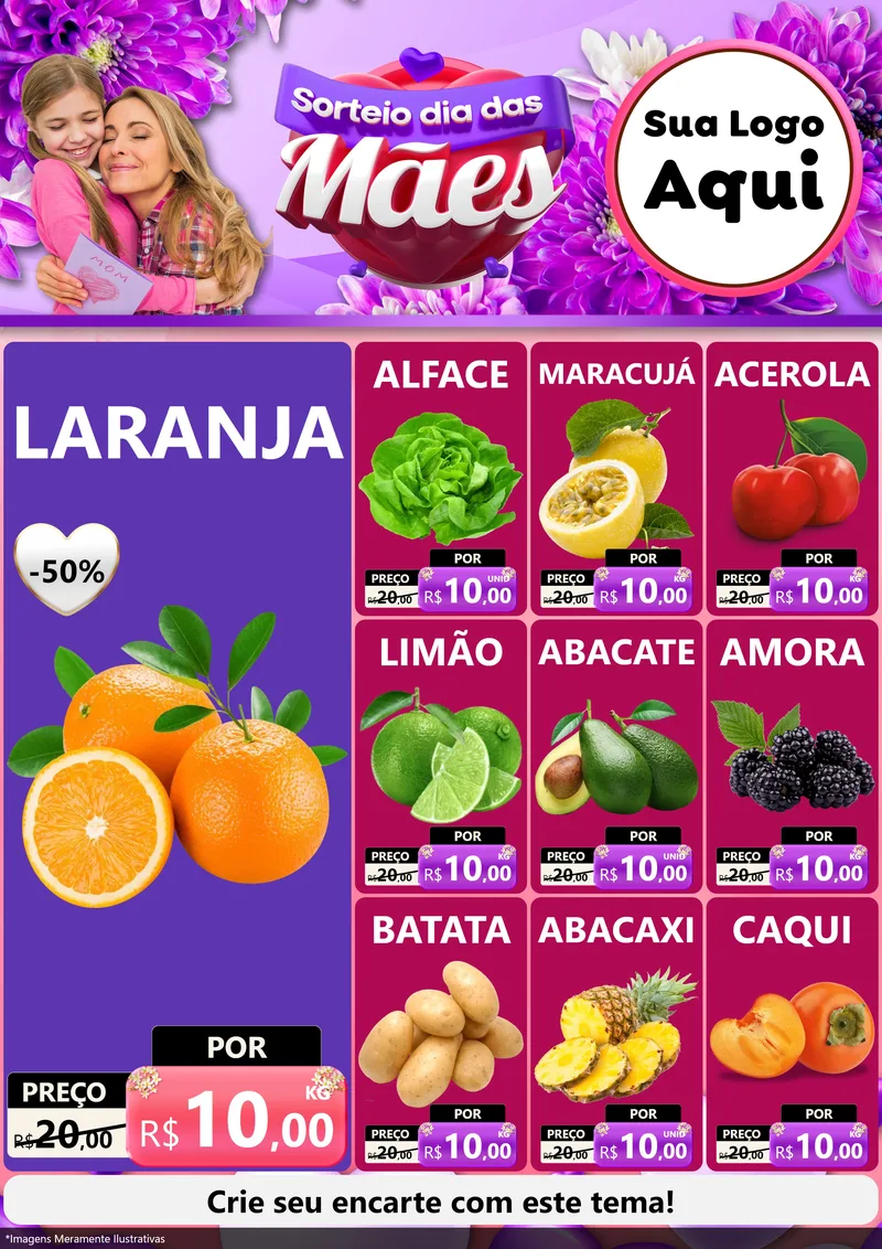 Modelo de Encarte para Encarte A4 Vertical com o tema Sorteio Dia das Mães para Hortifrúti