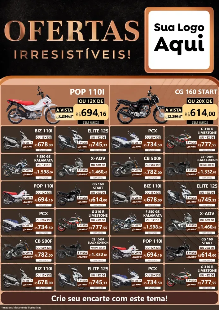 Modelo de Encarte para Encarte A4 Vertical com o tema Ofertas Irresistíveis! para Concessionaria de Motos