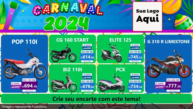 Modelo de TV para TV Horizontal com o tema Carnaval 2027 para Concessionaria de Motos