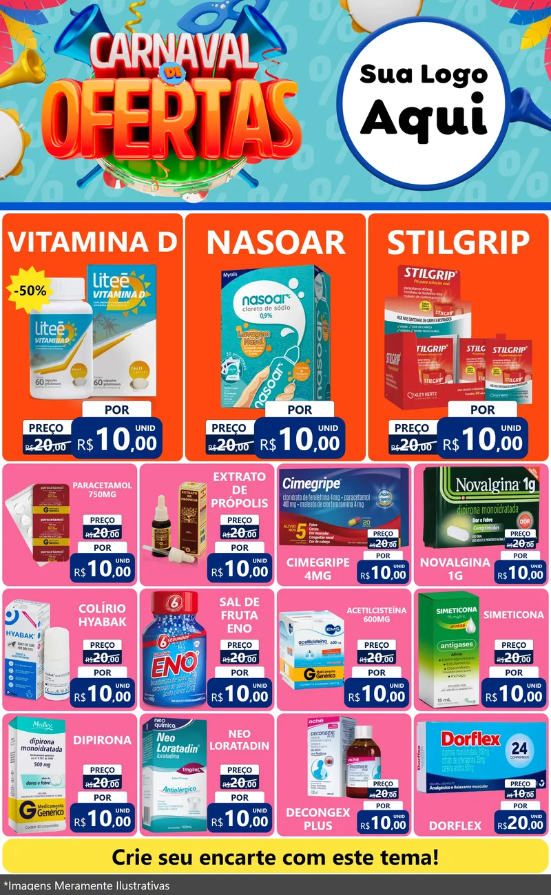 Modelo de Encarte para Encarte Grande com o tema Carnaval de Ofertas para Farmácia