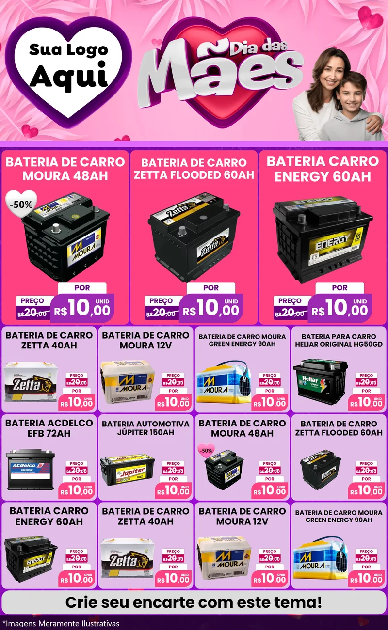 Modelo de Encarte para Encarte Grande com o tema Dia das Mães para Baterias Elétricas
