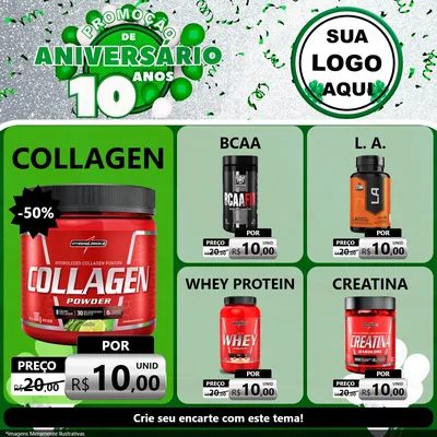 Modelo de Rede Social para Feed Facebook com o tema Promoção de Aniversário - 10 Anos para Suplementos alimentares