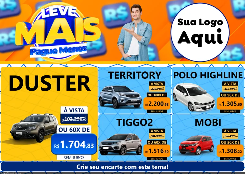 Modelo de Encarte para Encarte A4 Horizontal com o tema Leve Mais, Pague Menos para Concessionaria de Carros