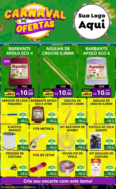 Modelo de Encarte para Encarte Grande com o tema Carnaval de Ofertas para Armarinho e Aviamentos