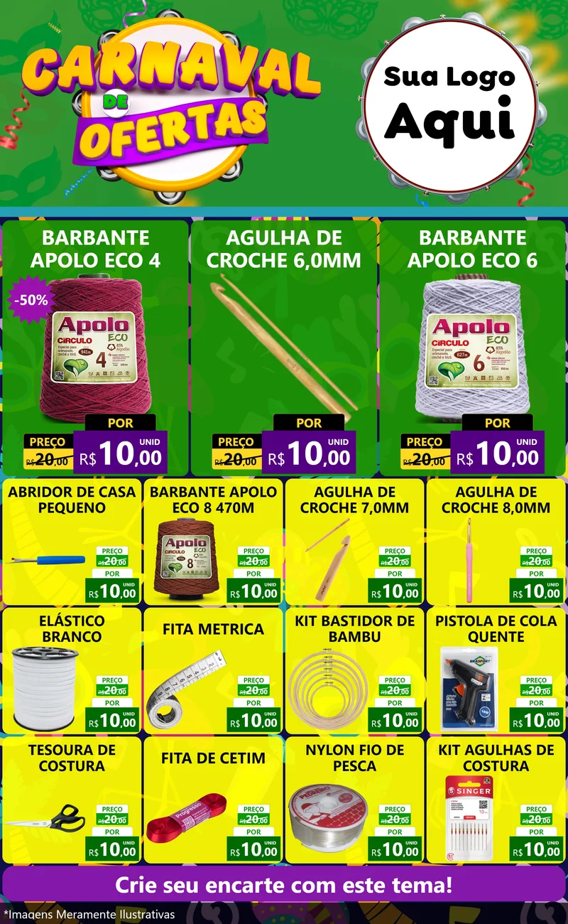 Modelo de Encarte para Encarte Grande com o tema Carnaval de Ofertas para Armarinho e Aviamentos